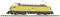 Yellow electric locomotive of Deutsche Bahn on railway track. Profile view.