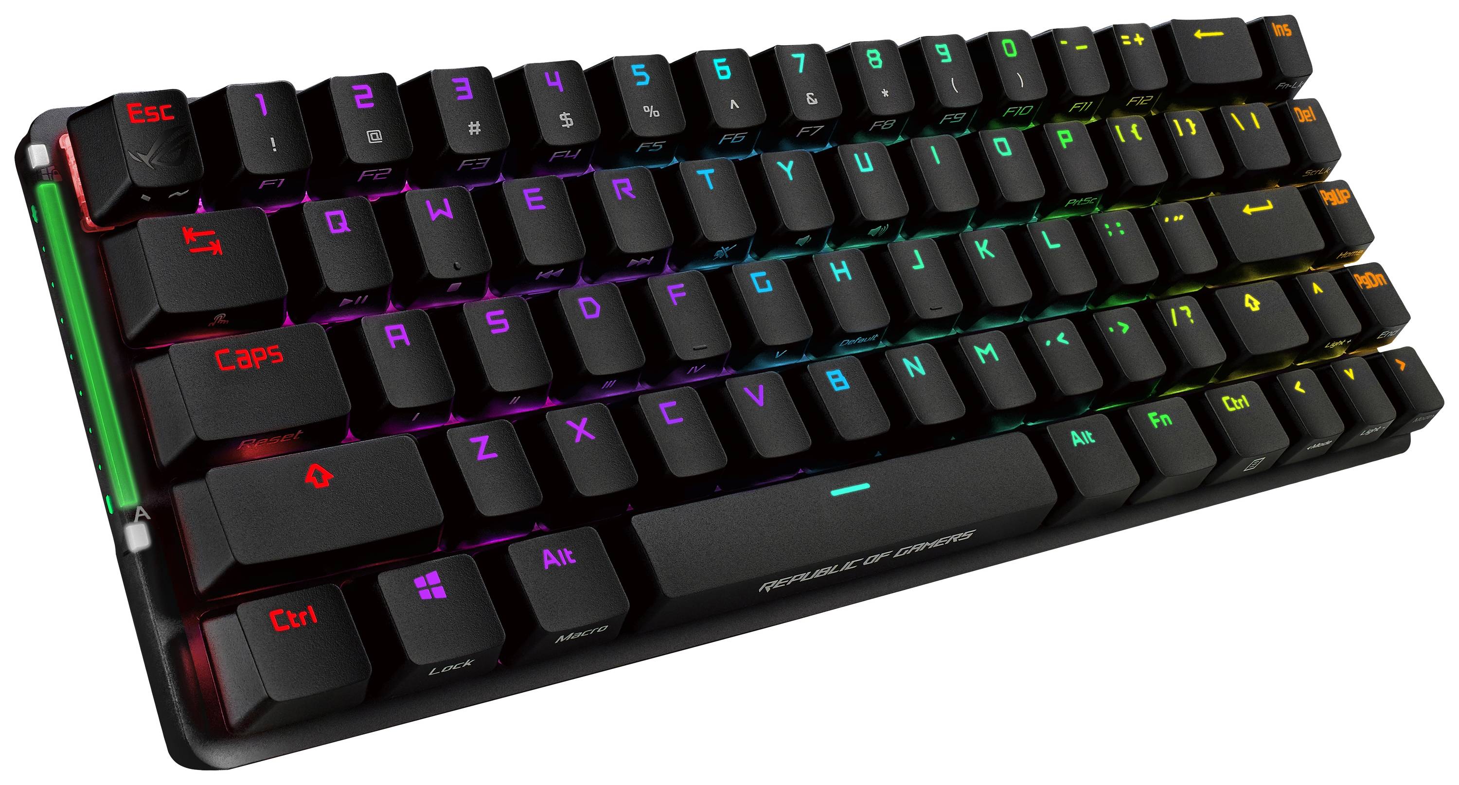 A mechanical gaming keyboard with RGB lighting, compact design without a numeric keypad, colourful key illumination.