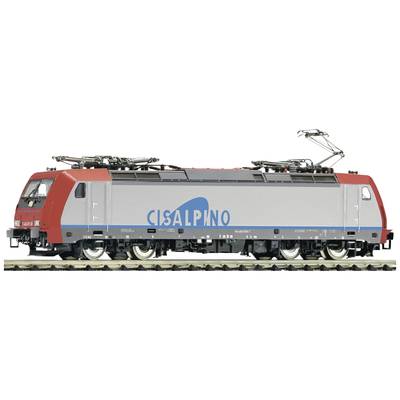 A model train from the Cisalpino brand on a track. The locomotive has a grey-red-blue colour scheme with pantographs on top.