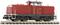 Red diesel locomotive on track, side view. Model train in detailed design, suitable for collectors or enthusiasts.