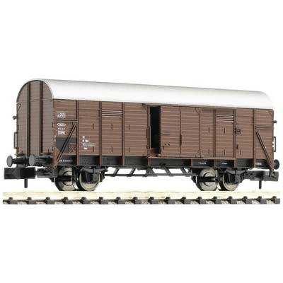 Goods wagon in brown colouration on a railway track, with sliding doors open. Model-making at 1:87 scale, side detail view.