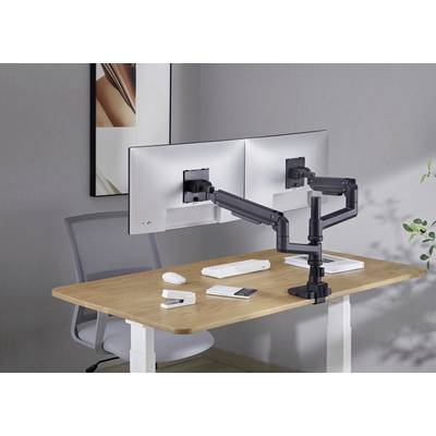 A dual monitor arm on a desk with two monitors attached. Workspace with keyboard, mouse, and office plant.