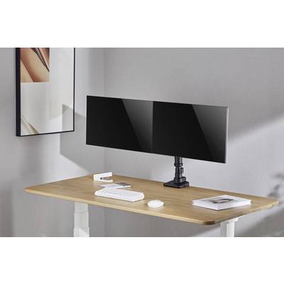 A modern home office with a large, dual monitor setup on a wooden desk, keyboard and mouse, minimalist design.