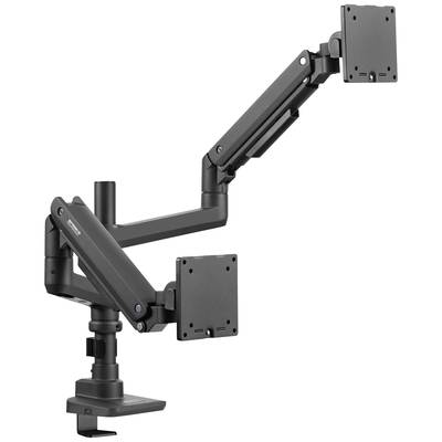 An adjustable monitor arm with two mounting brackets, installed on a desk, enables flexible screen positioning.
