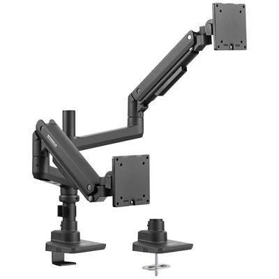 A height-adjustable, black monitor arm with two mounting options: desk clamp and grommet mount.