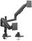 A height-adjustable, black monitor arm with two mounting options: desk clamp and grommet mount.