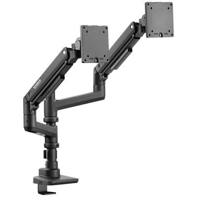 An adjustable, black dual monitor arm mounted on a desk to support two screens.