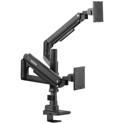 Two black monitor arms with adjustable joints and mounting brackets, suitable for the flexible positioning of screens.