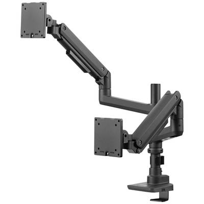 A dual metal monitor arm in black, which is height-adjustable and designed to attach to the desk edge. Ideal for flexible working.