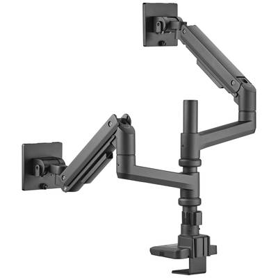 A height-adjustable monitor arm with multiple joints, suitable for mounting to a desk, enables flexible screen positioning.