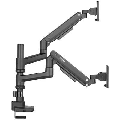 Double monitor mount with articulated arms for desk attachment. Enables flexible positioning of two screens.
