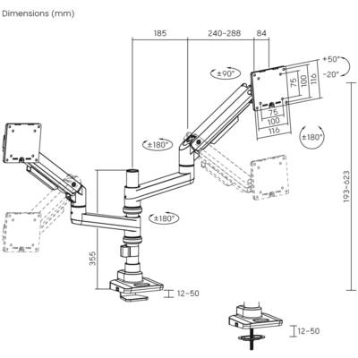 Figure of a double monitor arm with adjustable joints, tilt angles, and mounting options, dimensions in millimetres.