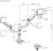 Figure of a double monitor arm with adjustable joints, tilt angles, and mounting options, dimensions in millimetres.