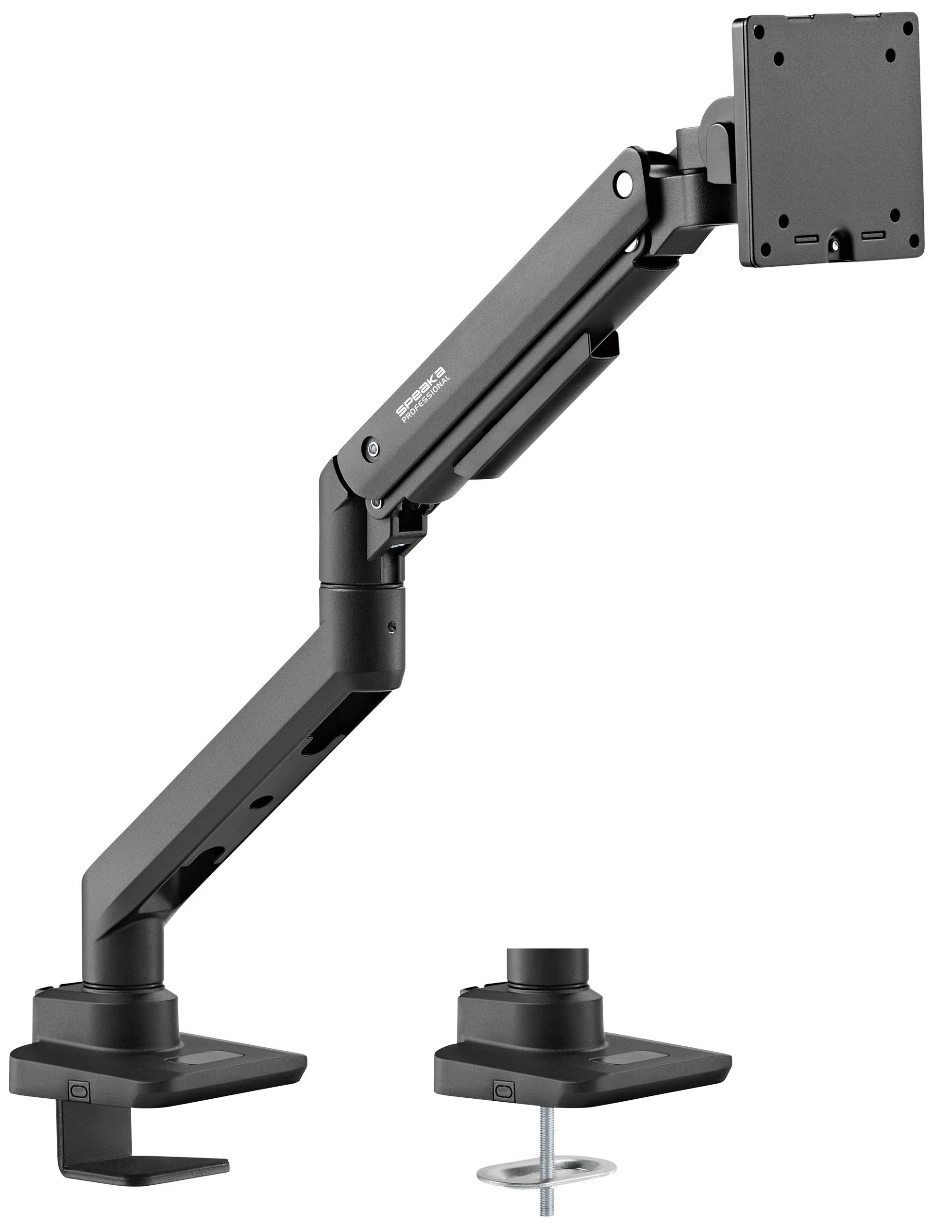 Adjustable Monitor Arm in Black with Two Mounting Options, Clamp and Through-Desk Mounting.