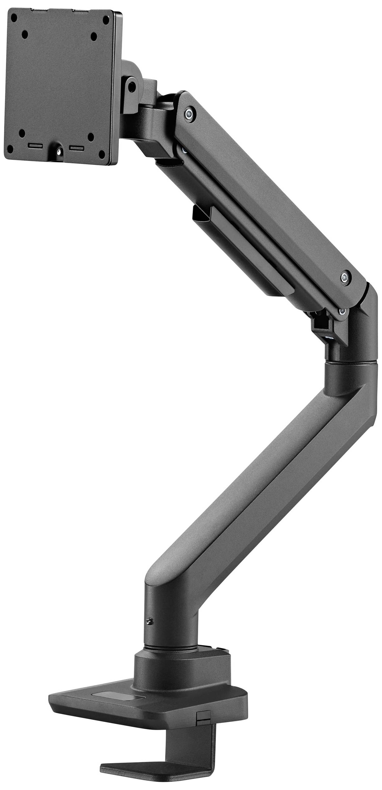 A black monitor arm fitted with a swivel joint that can be clamped to the edge of a desk.