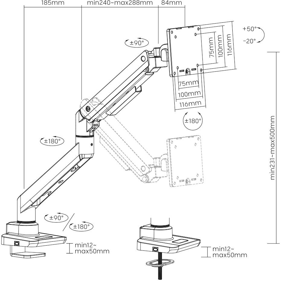 Drawing of an adjustable monitor arm with dimensions in millimetres. Shows swivel, tilt, and extension movements for flexible positioning.