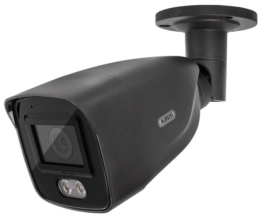 'Black surveillance camera with wall mount, lens and LED lights. Suitable for security systems in indoor and outdoor areas.'