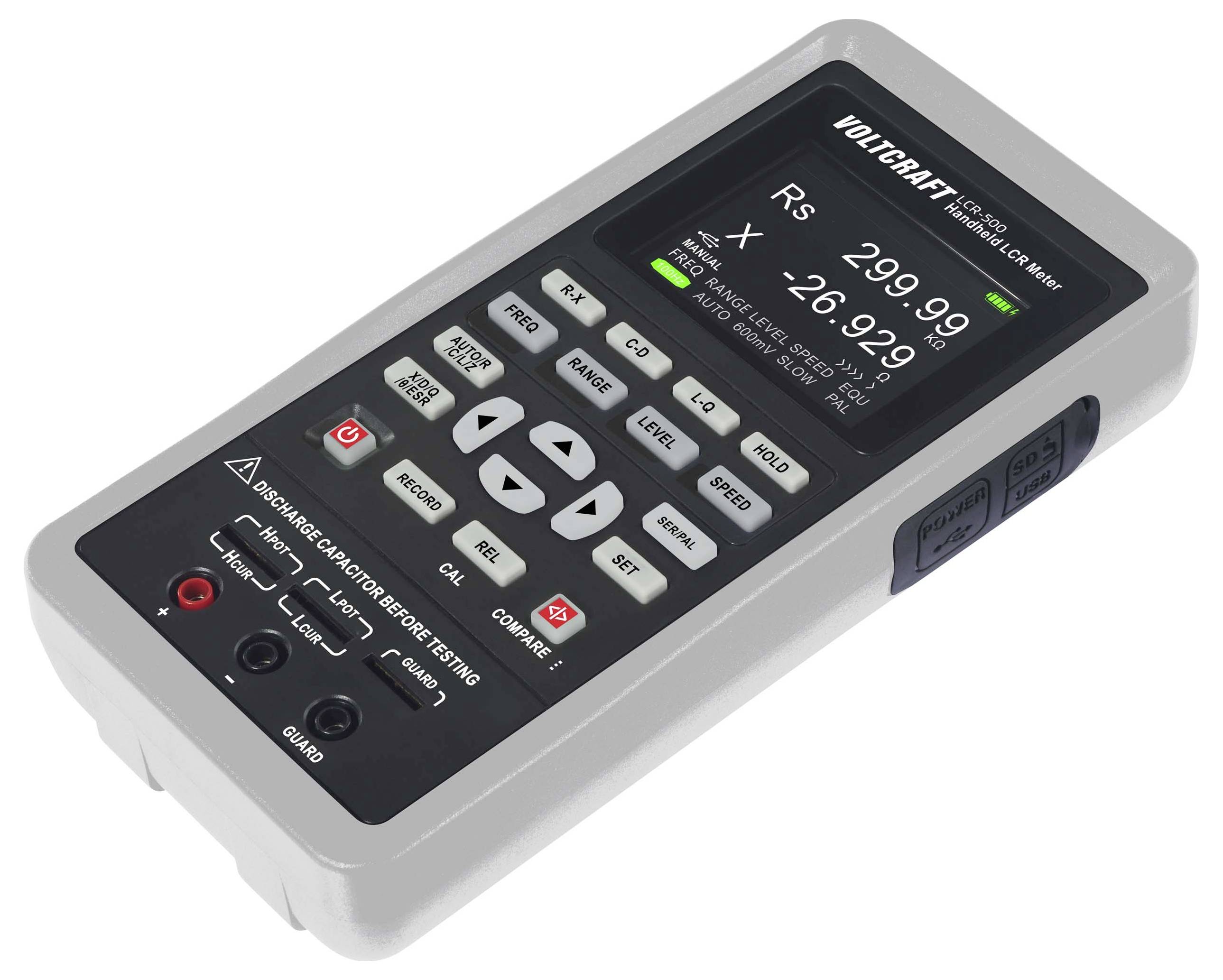 Handheld multimeter with digital display and buttons for measuring resistance, capacitance, inductance, and other electrical values.