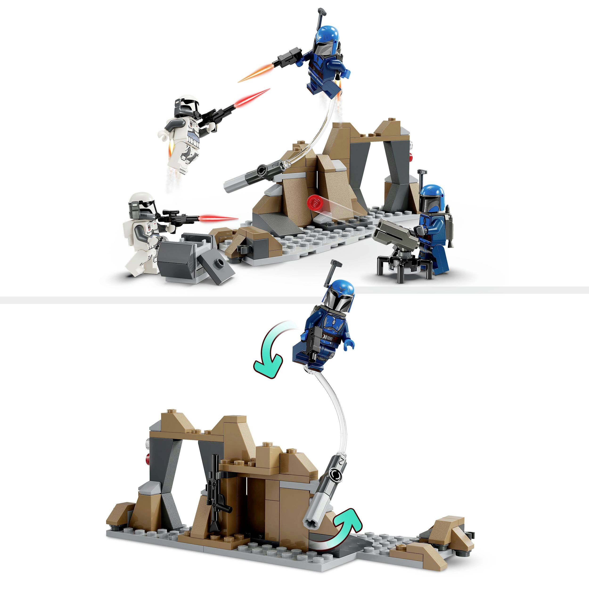 LEGO scene with figures in blue and white battling in a desert setting. A blue figure leaps while red laser shots are fired.