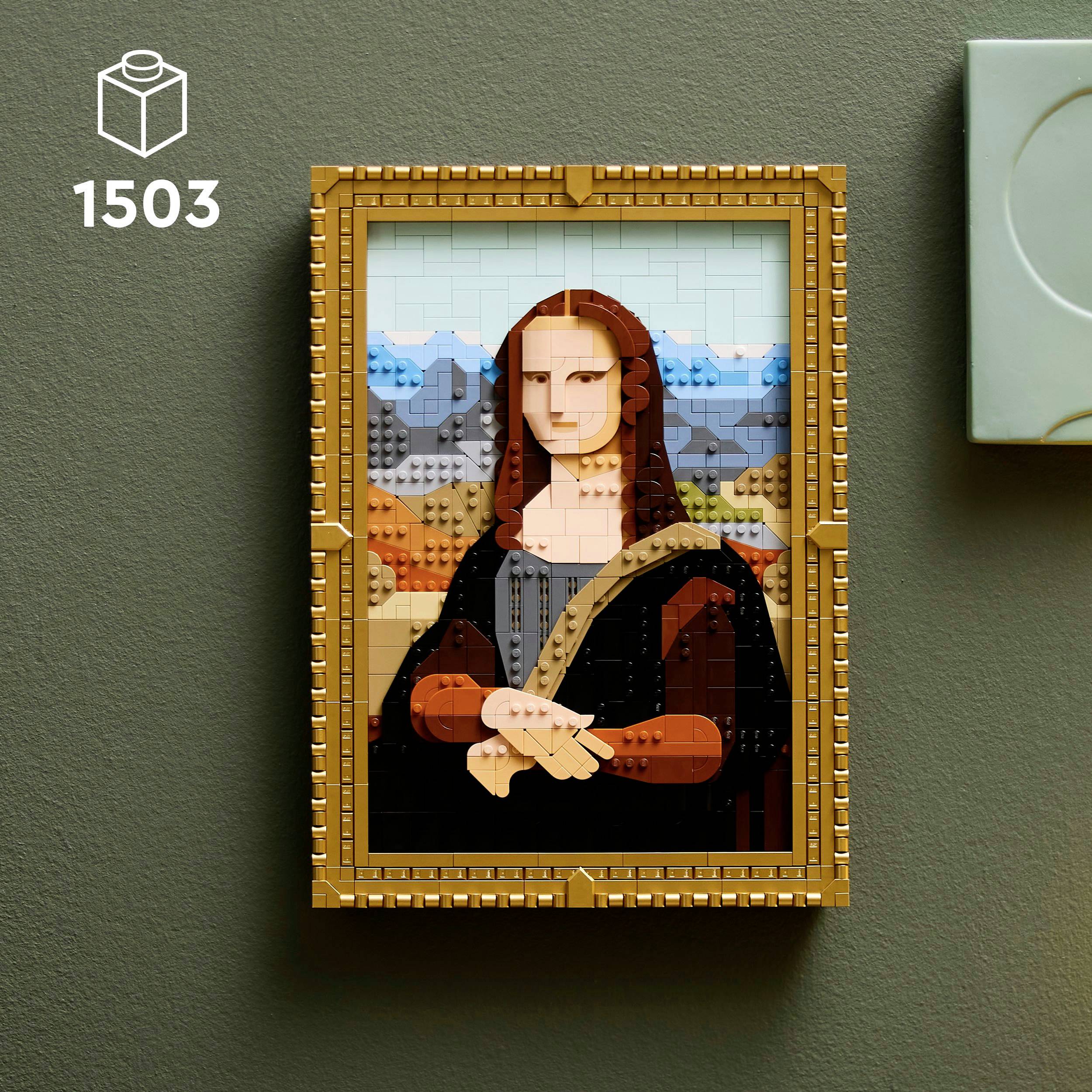 A 3D Lego model of the Mona Lisa hangs on a grey wall, accompanied by the number '1503', indicating the historical year of creation.