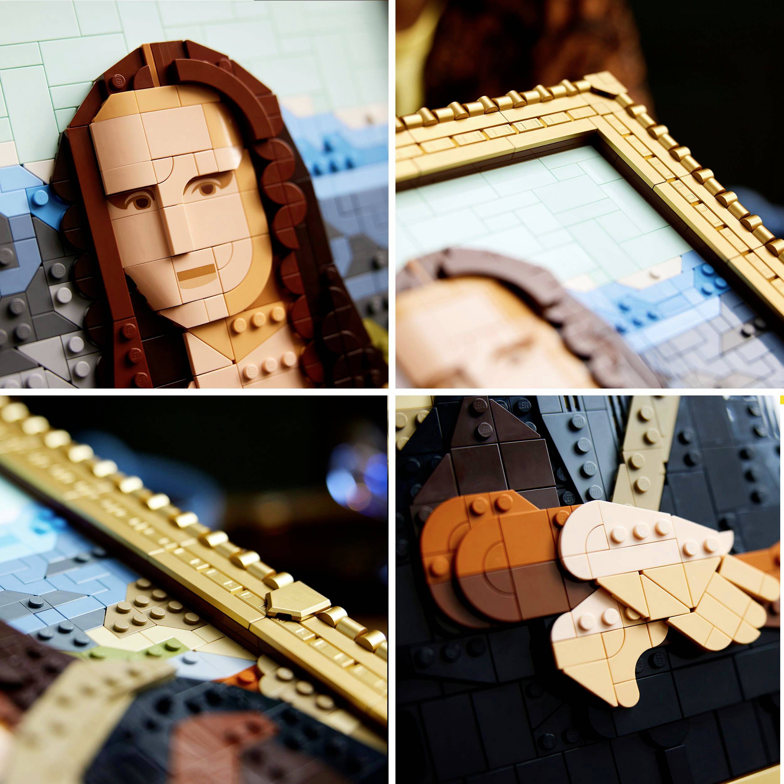 A Lego mosaic of the 'Mona Lisa' in four close-up shots reveals details of the face, frame, and part of the hands.