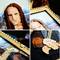 A Lego mosaic of the 'Mona Lisa' in four close-up shots reveals details of the face, frame, and part of the hands.