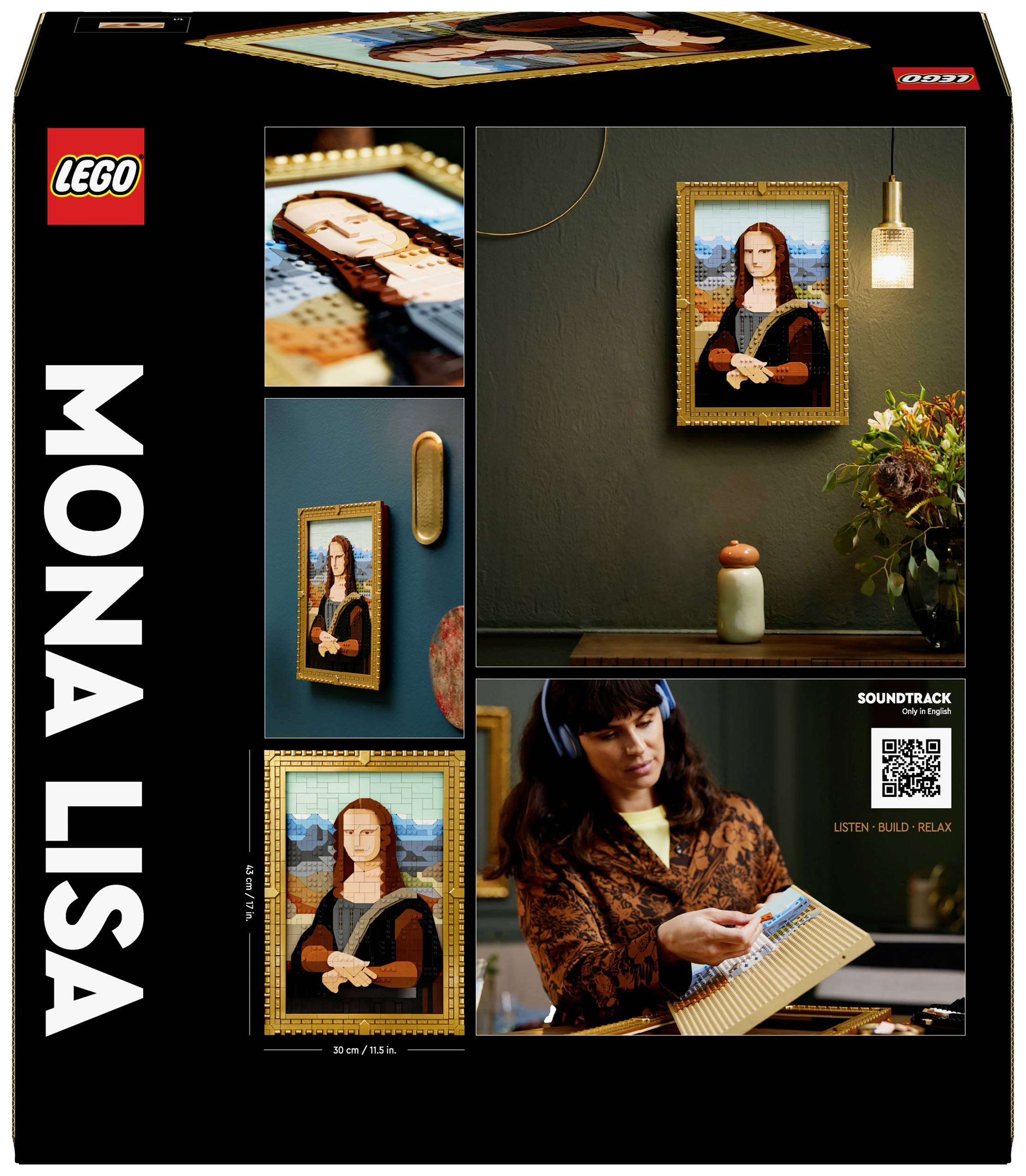 LEGO set packaging featuring an image of the 'Mona Lisa' and a person arranging LEGO bricks. QR code for soundtrack included.