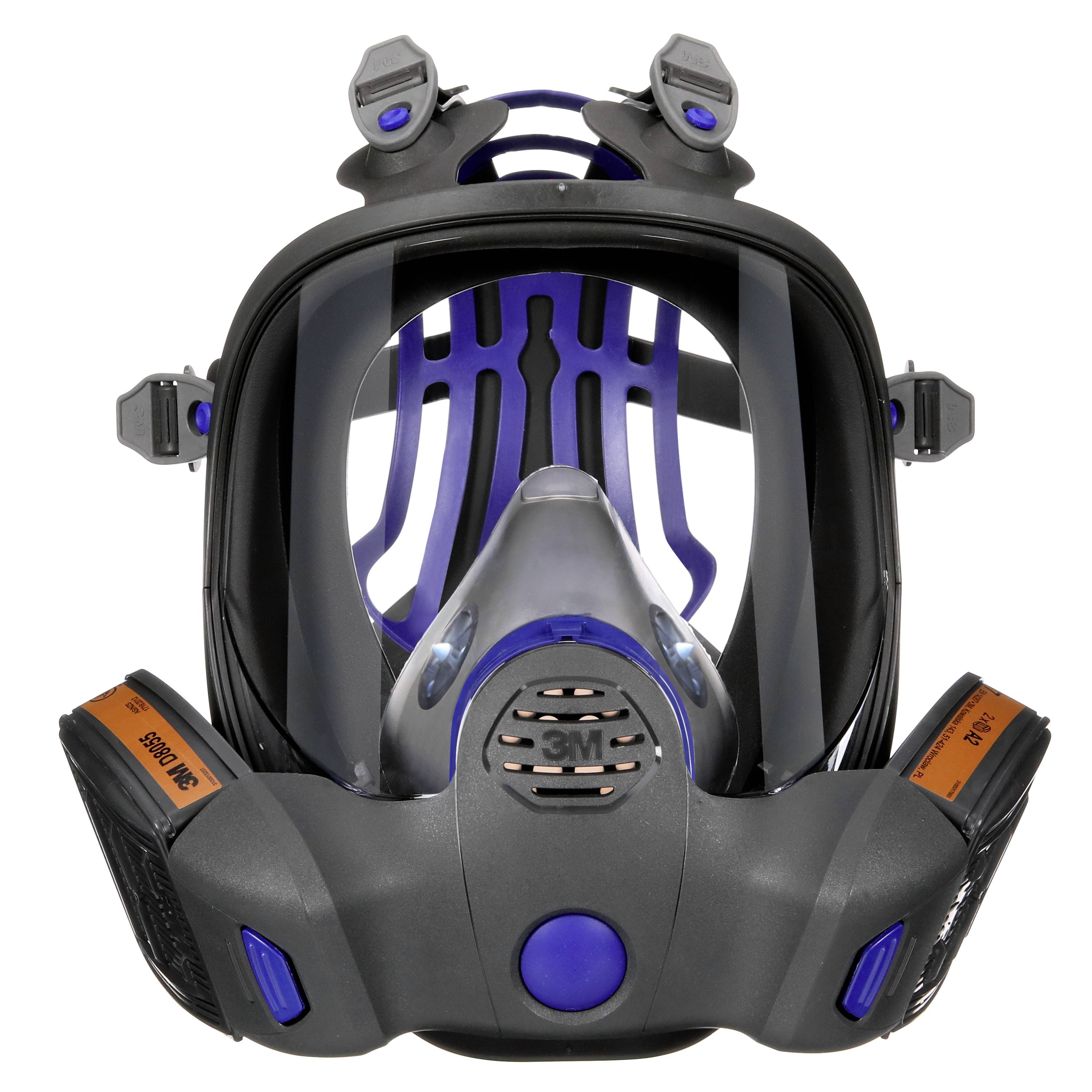 Black full-face respirator with blue accents, breathing valves, and adjustable straps. Designed for respiratory protection in industrial environments.