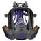 Black full-face respirator with blue accents, breathing valves, and adjustable straps. Designed for respiratory protection in industrial environments.