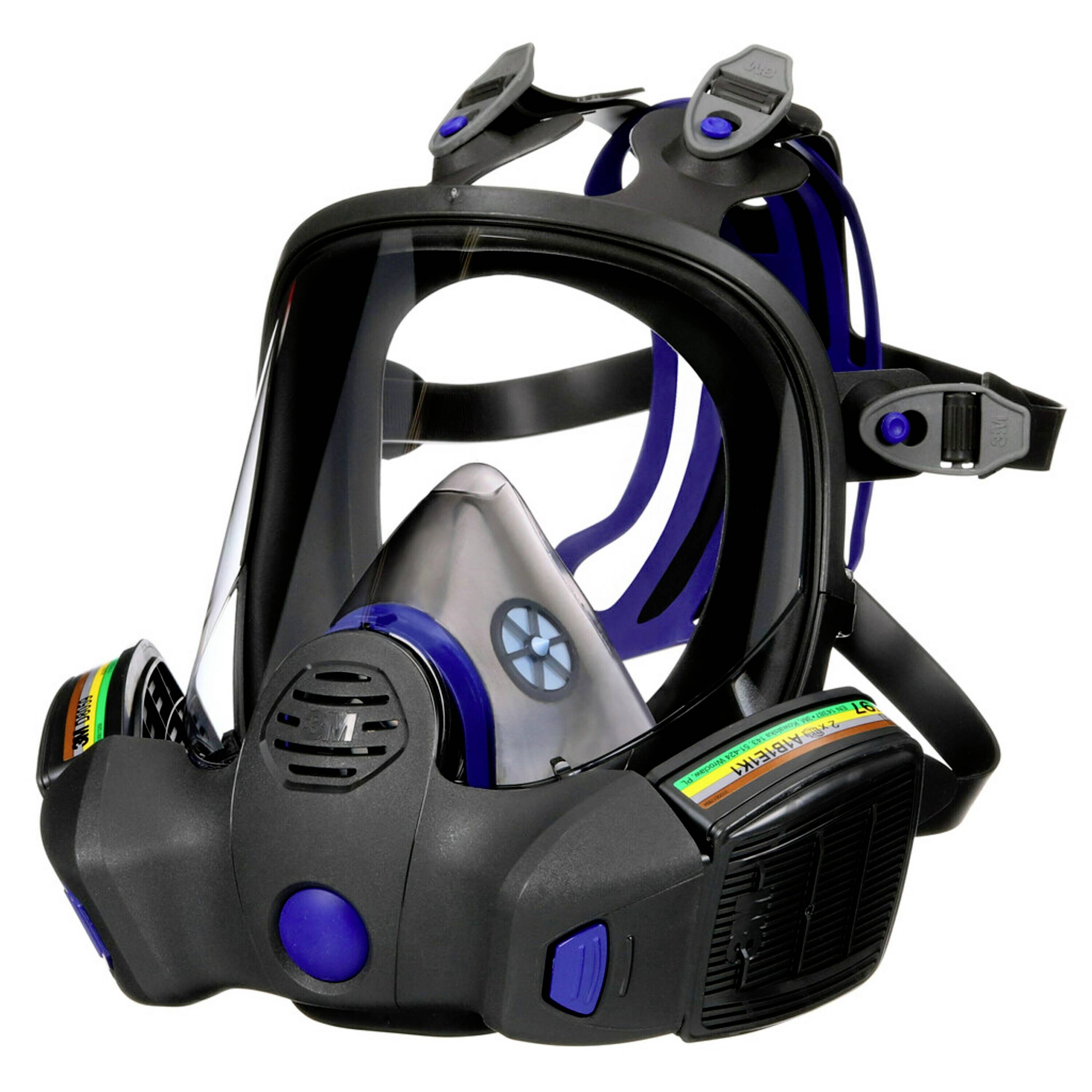 Gas mask with full face protection, black frame and transparent visor. Adjustable straps provide a secure fit. Suitable for respiratory protection in hazardous environments.