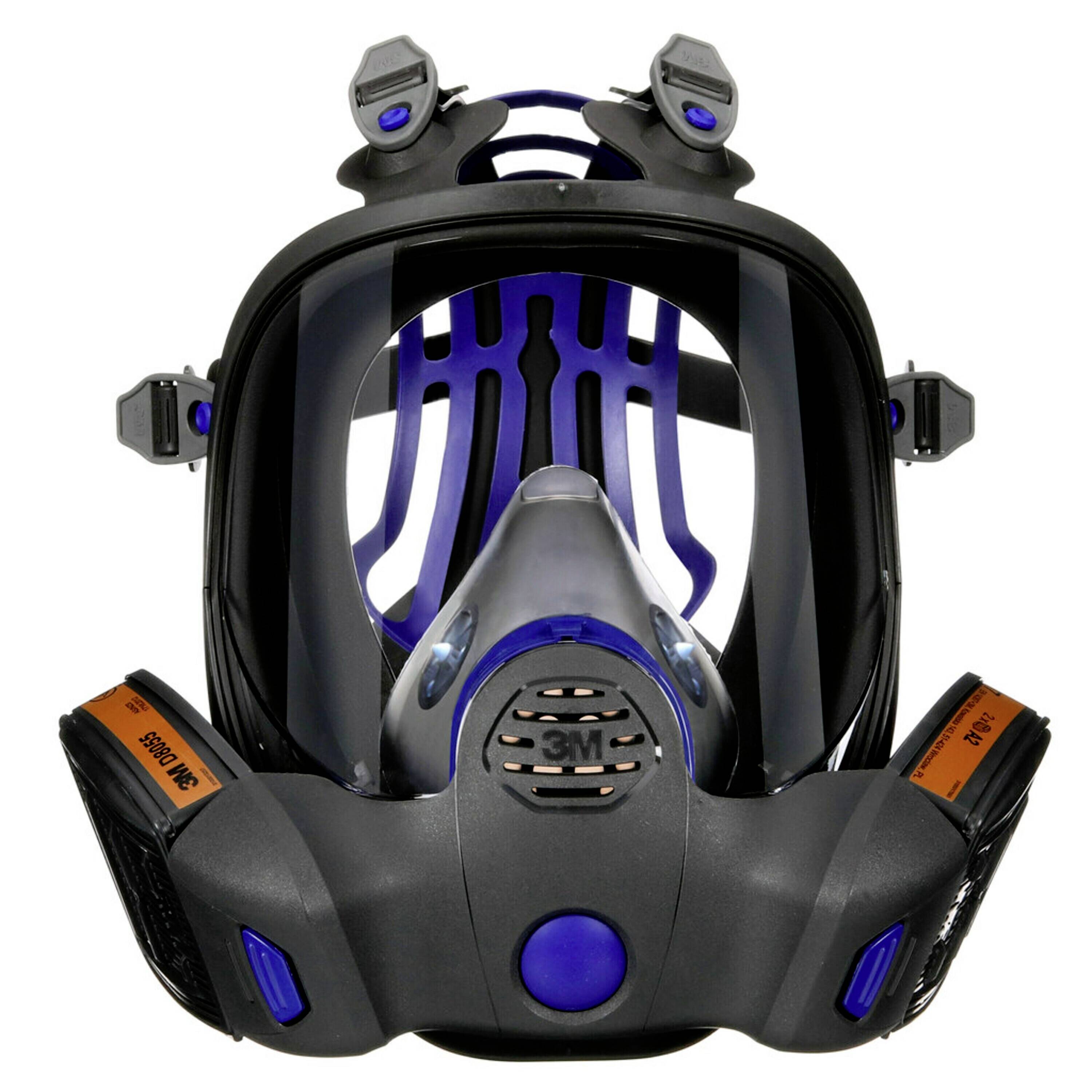 Respiratory protective mask made of plastic with two built-in filters and a headband for securing. Suitable for protection against dust and vapours.