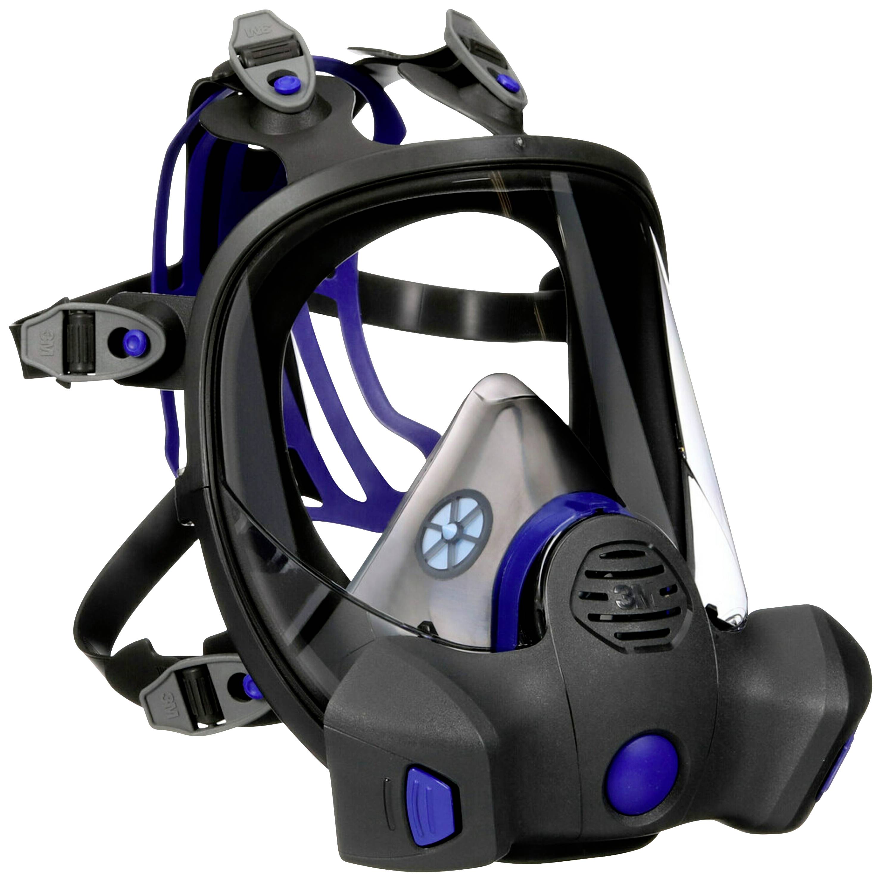 Safety mask with a transparent visor and blue inner padding. Adjustable straps and valve on the front.