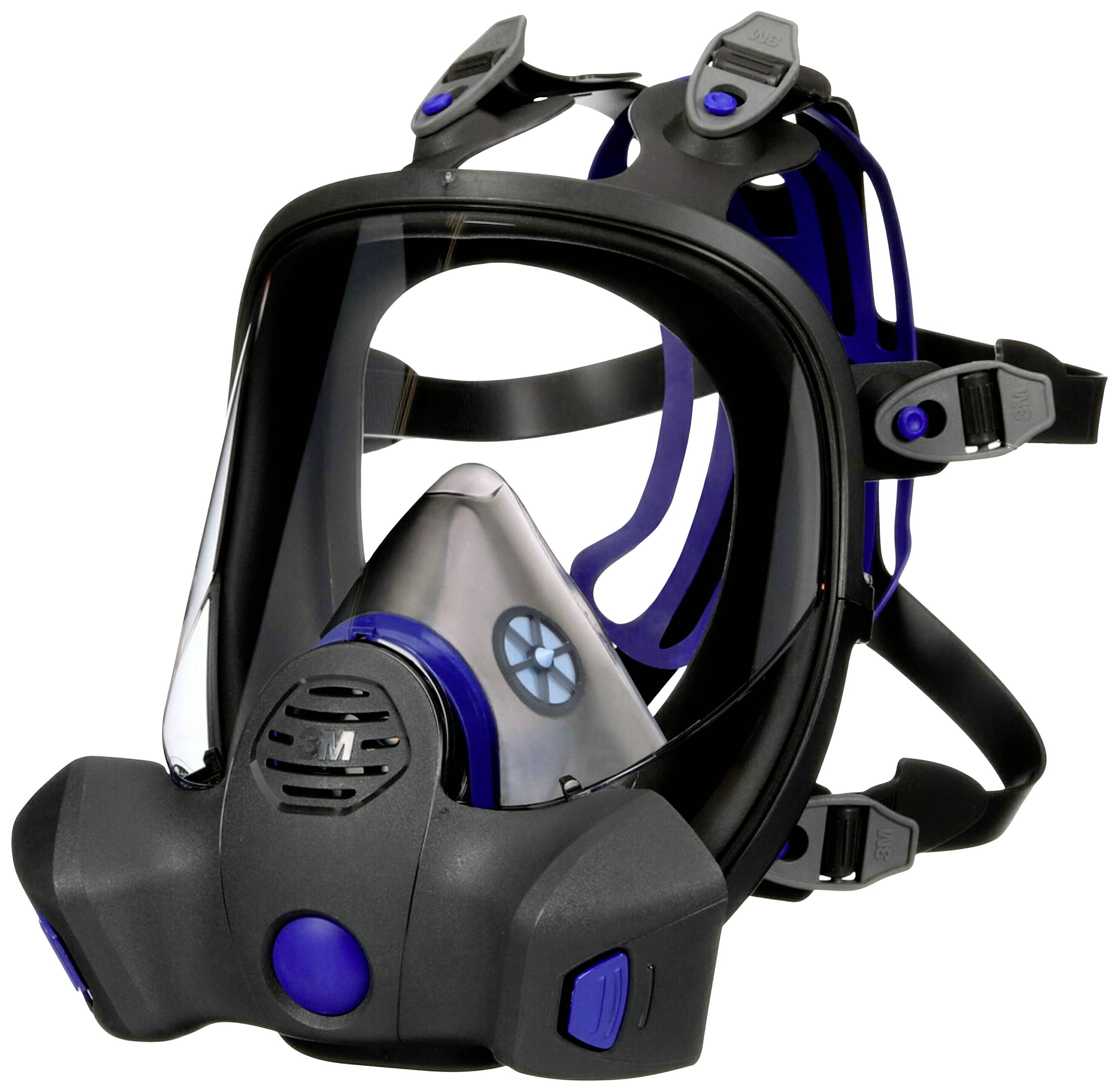 Respiratory mask with full face protection and adjustable head straps, ideal for filtering pollutants in industrial environments.
