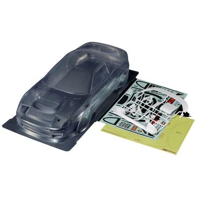 Model car kit with a transparent body, white components, and stickers. Perfect for assembly and personalisation.