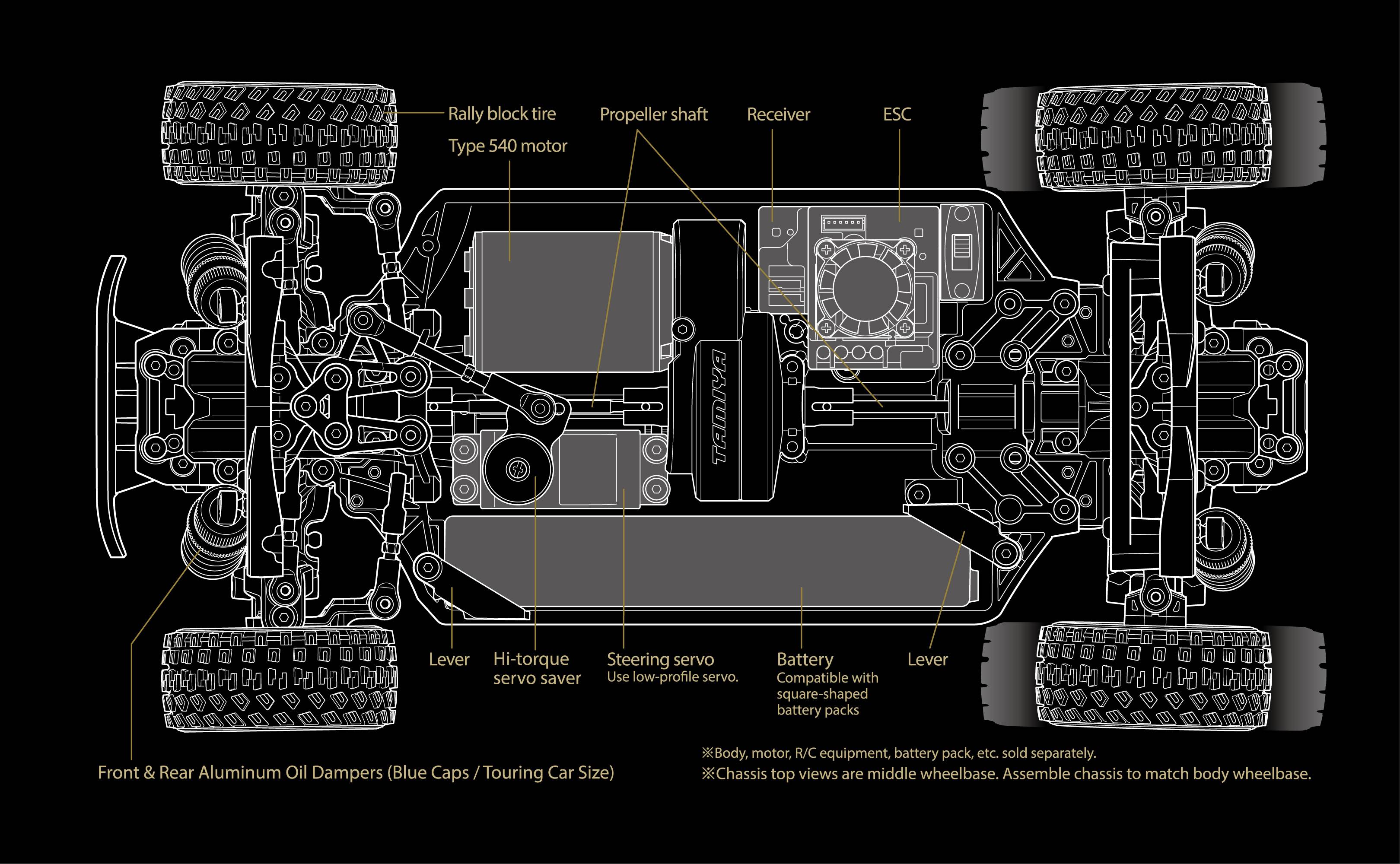 'Diagram of an RC car chassis with marked components: motor, drive shaft, shock absorbers, steering servo, receiver, ESC and battery.'