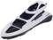 A white, futuristically designed toy boat with black accents. It has curved lines and looks streamlined.
