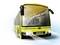 A toy model of a yellow bus with prominent headlights, photographed from the front, against a light background.