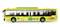 A model of a yellow city bus with green wheels, featuring the text '100% emissions-free', and logos, symbolises environmentally friendly transport.