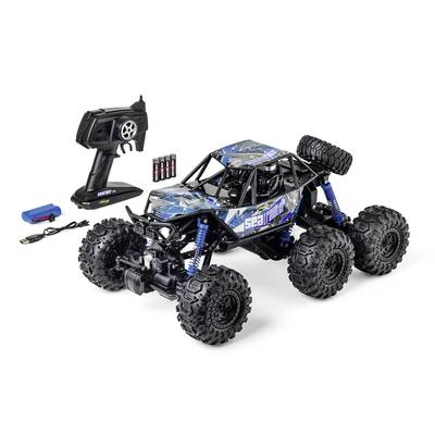 Remote-controlled off-road vehicle with four large tyres, blue and black bodywork. Includes remote control and accessory parts.