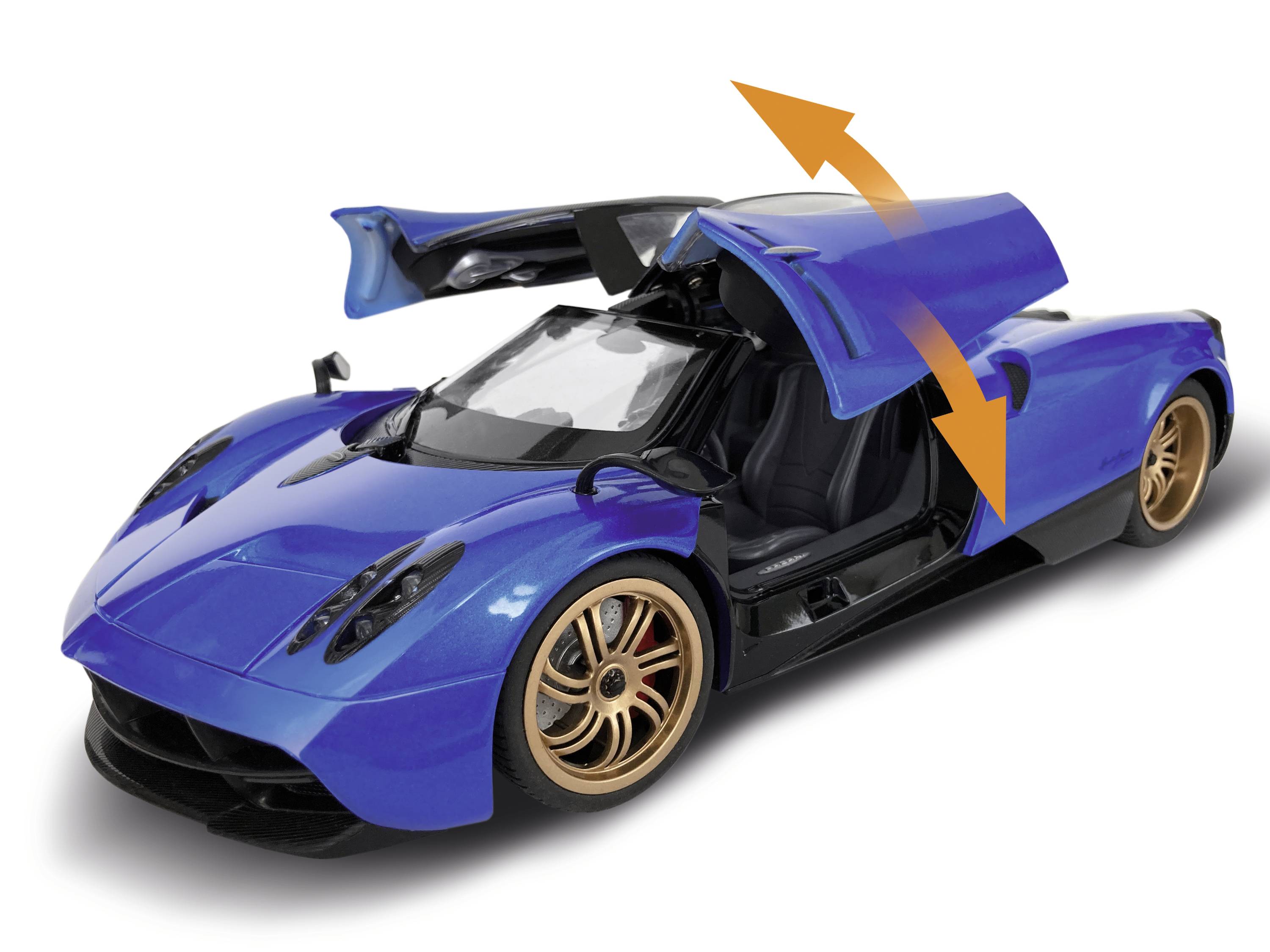 Blue car shown with gull-wing doors open.