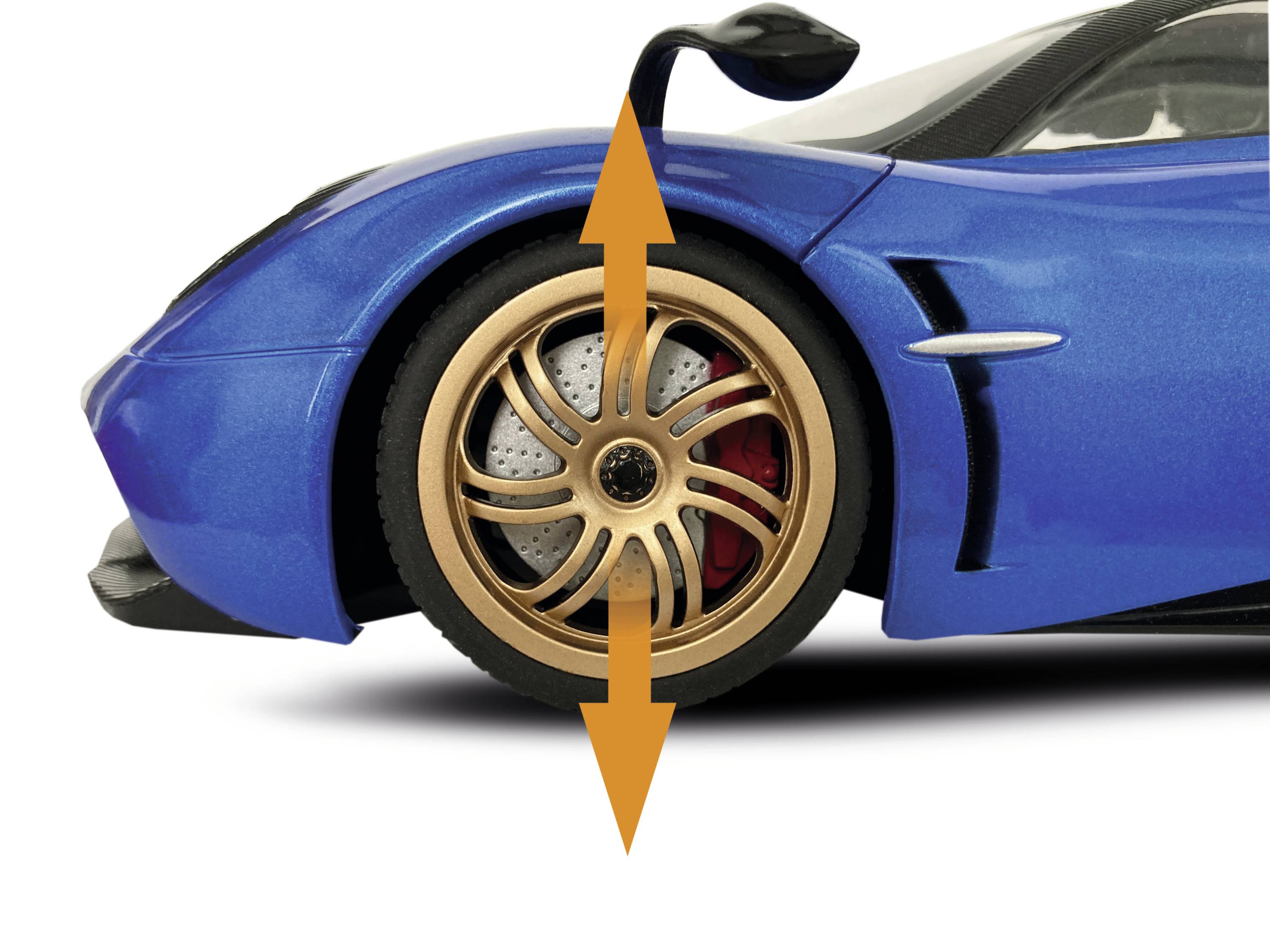 Blue car with golden alloy wheels and aerodynamic design, front view. Wheels are highlighted to emphasise motorsport.