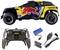 RC car with blue and yellow racing design, distinctive logos and stickers. Includes a remote control, battery, batteries, and a charger.