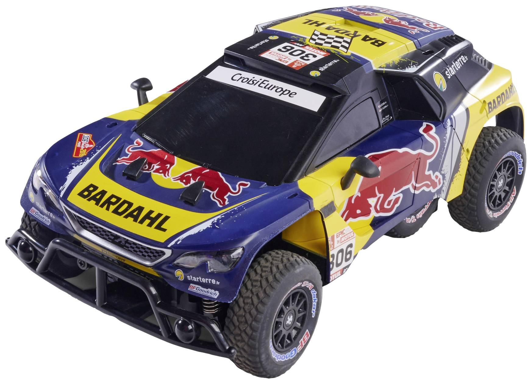 Toy car in rally style, predominantly blue and yellow, with sponsor logos and realistic details.