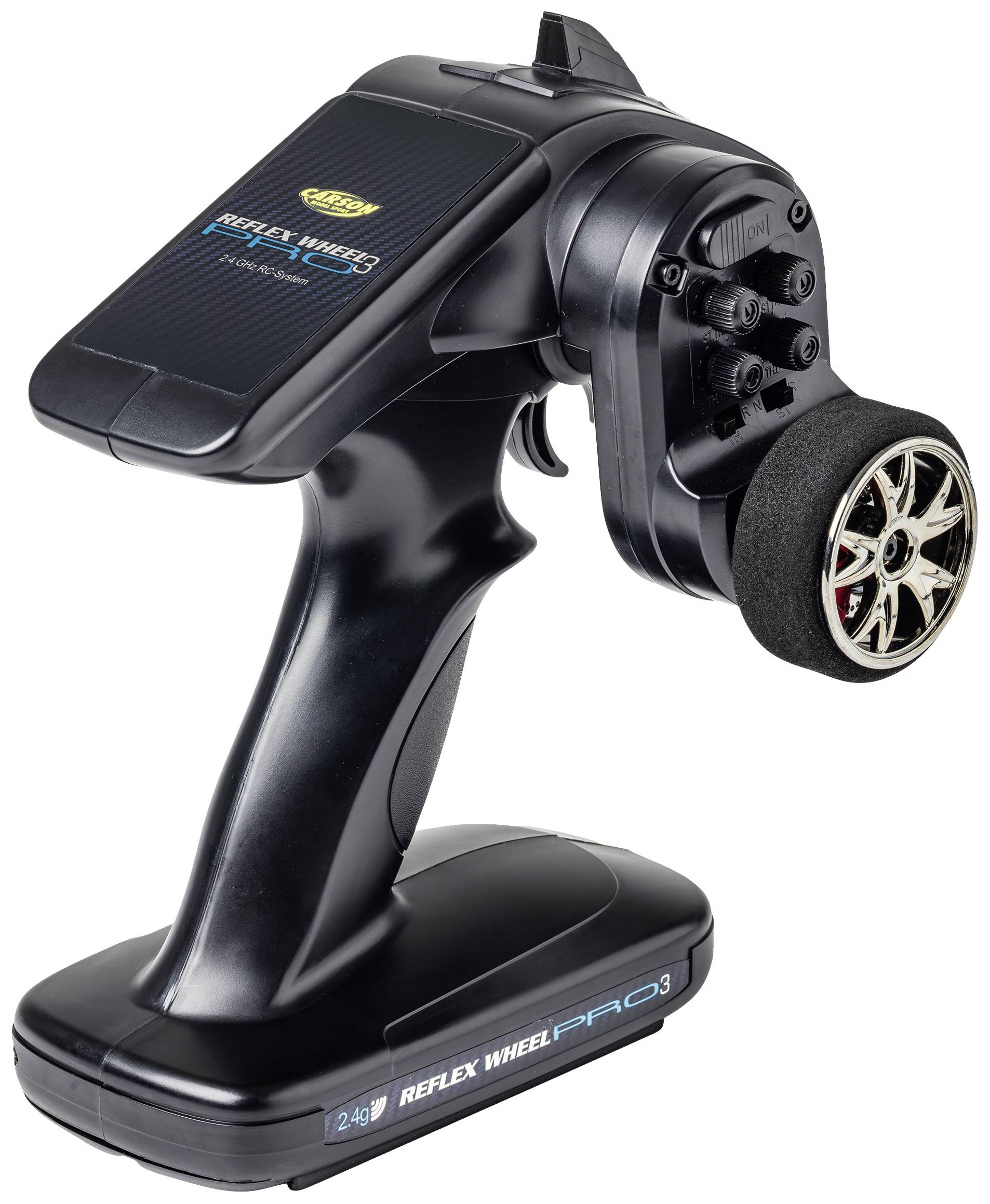 Remote control for model cars with ergonomic grip, wheel steering and digital display. Suitable for precise control and management.