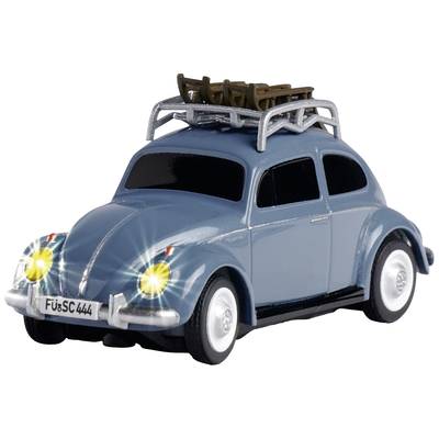 Toy car in classic design, blue, with roof rack, headlights illuminated. Licence number 'FüSC 444'.