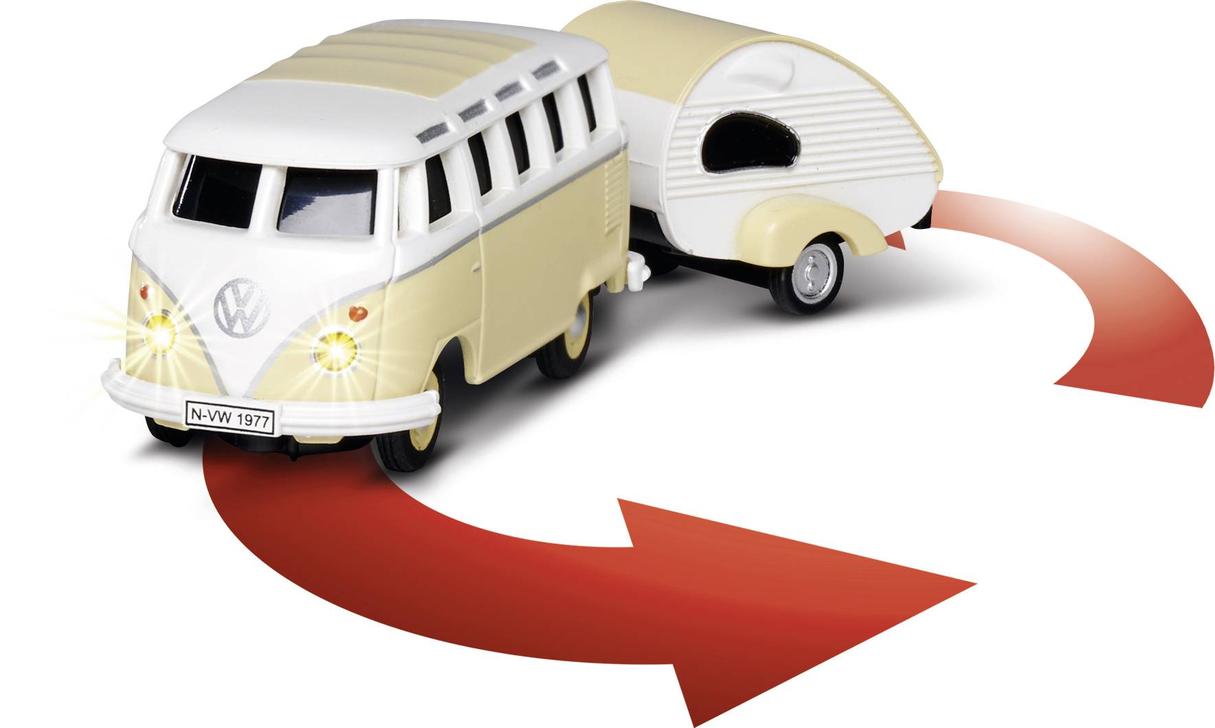 A yellow toy motorhome with a caravan trailer on a red, circular arrow graphic indicating a direction.