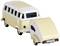 A cream-coloured toy bus is pulling a small caravan. Both objects have a nostalgic design.
