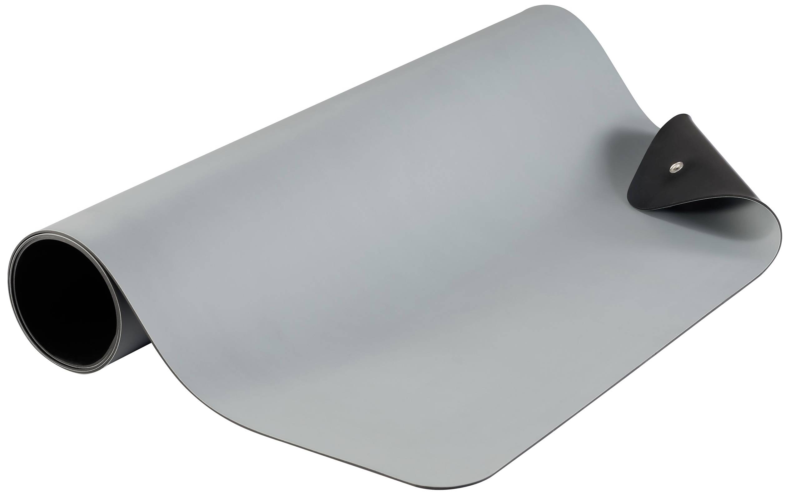 A rolled-up, grey yoga mat with a black fastener. Perfect for yoga or fitness exercises at home or in the studio.