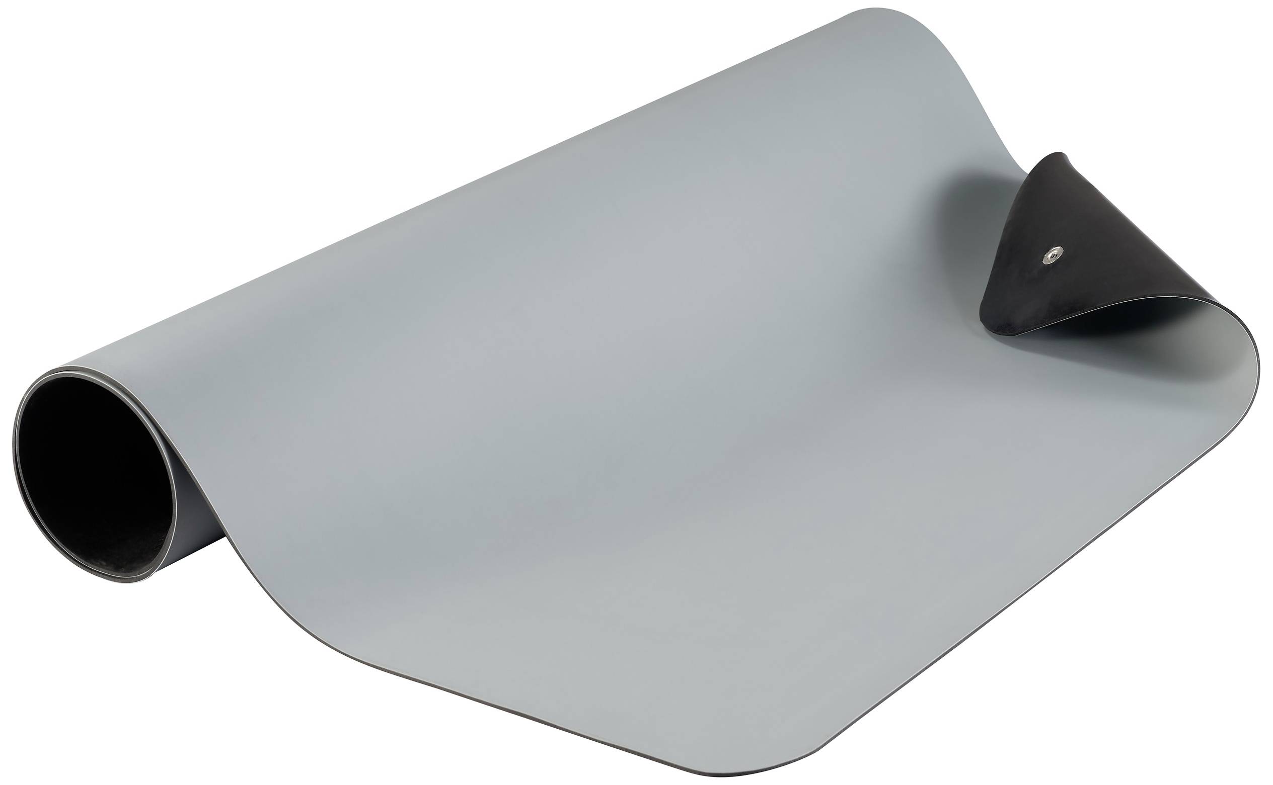 A rolled-up, two-tone yoga mat, grey on the top side and black on the underside, lies on a white surface.