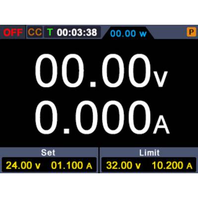 'Voltage: 00.00V, Current: 0.000A. Set: 24.00V, 01.100A. Limit: 32.00V, 10.200A. Time: 00:03:38. Status: OFF, CC, P.'